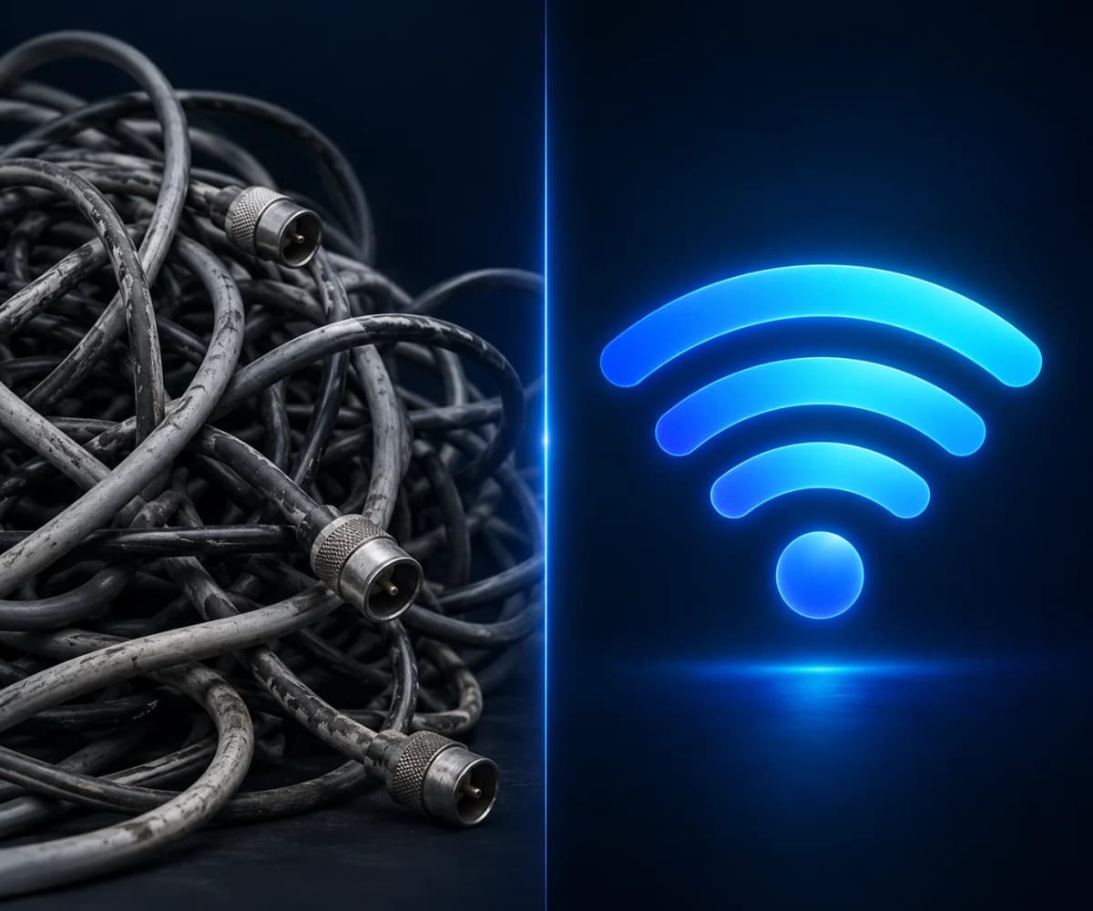 Comparação entre fios de cabo tradicionais desorganizados e um sinal Wi-Fi limpo, representando IPTV