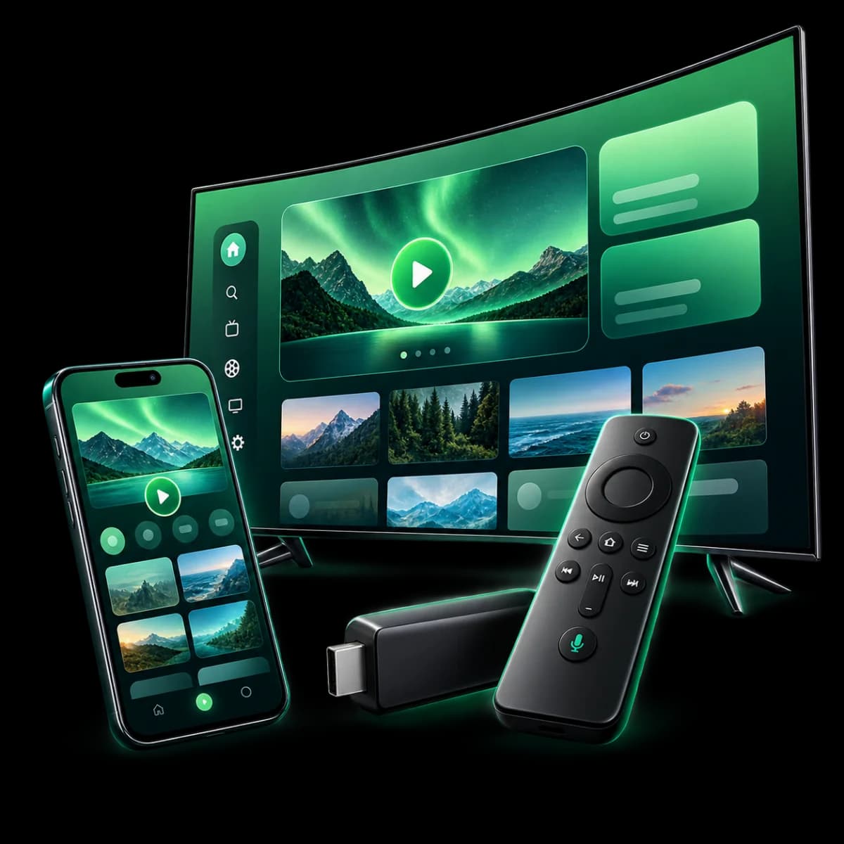 Aplicação IPTV a funcionar em Smart TV, telemóvel e Firestick
